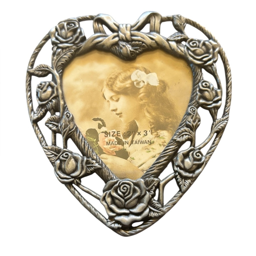 Vintage Heart-Shaped Silver Photo Frame with Rose Design 2 X 3 inches